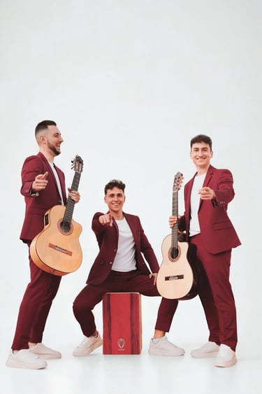 Three male musicians in burgundy suits posing with Spanish guitars and a cajon drum.