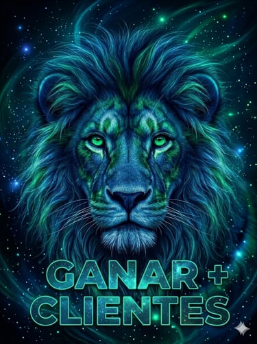 Majestic digital art of a celestial lion with green eyes and 'GANAR + CLIENTES' text in a starry nebula.