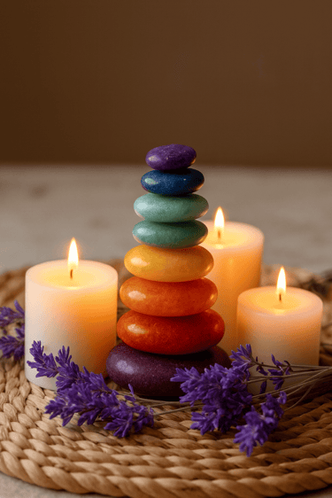 Galets colorés représentant les chakras dans une ambiance zen et spirituelle