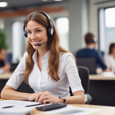 a smiling woman in a headset working in an office