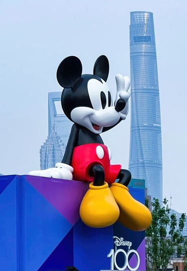 Giant Mickey Mouse fiberglass sculpture for Disney 100 Exhibition, outdoor art installation in Shanghai by DEFARA.