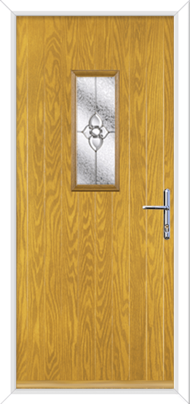 wood look composite door with silver handle 