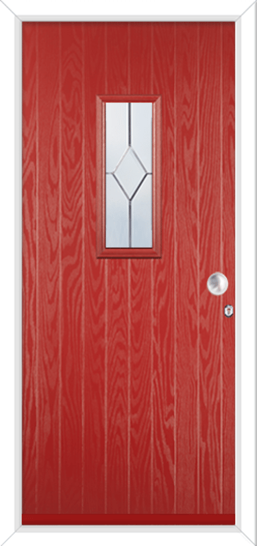 red composite door with round handle for a small house