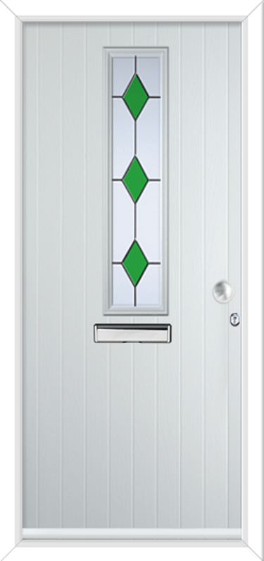 white composite door with green diamond glass and a round handle