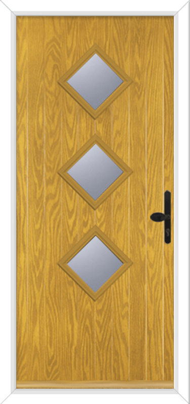 oak composite door with three diamond glass squares and black handle