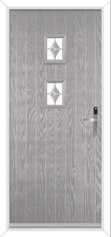silver grey composite door with 2 glass panels of fusion glass.  It has a Yale conexis digital lock 