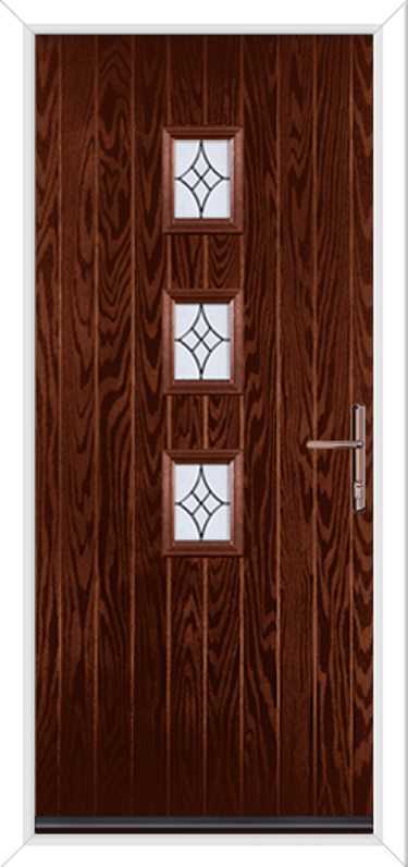 rosewood composite door with rose gold hardware.  the door has three small glass panels in the centre and is cottage style