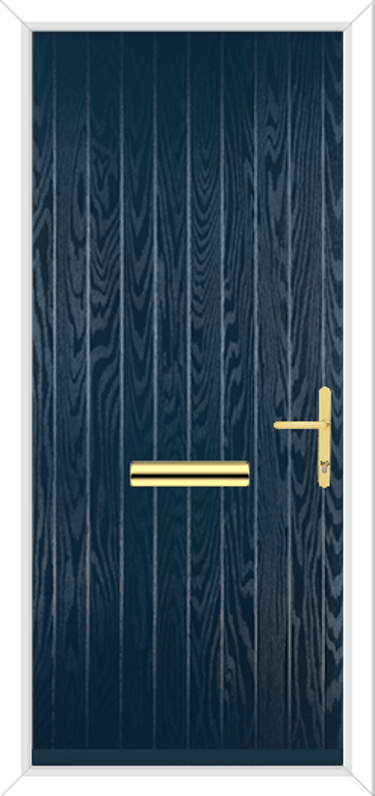 a blue front door with no glass.  it has a gold handle and gold letterbox