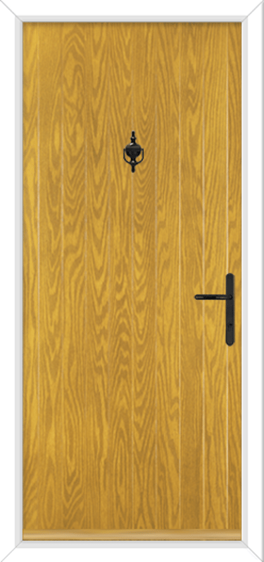 Irish oak colour front door with black handle and knocker.  There is no glass on the door