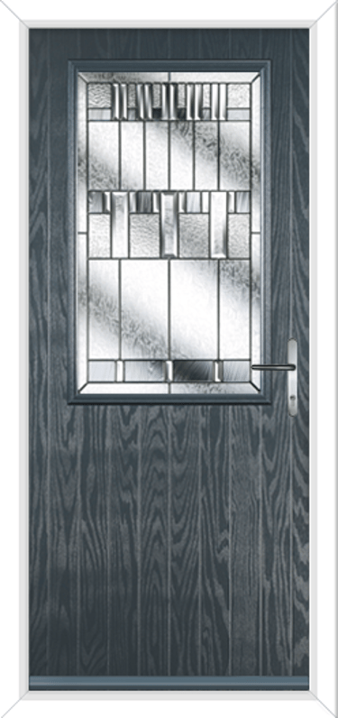 anthracite grey composite front door with pattern lead glass and silver hardware 