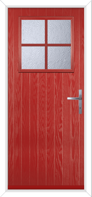 a red composite door with mayflower pattern glass