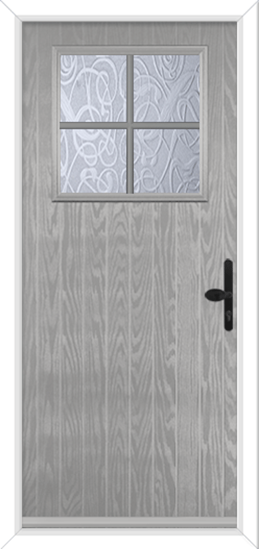 silver grey front door everglade glass and black handle.  There is a pane of glass with cross grill