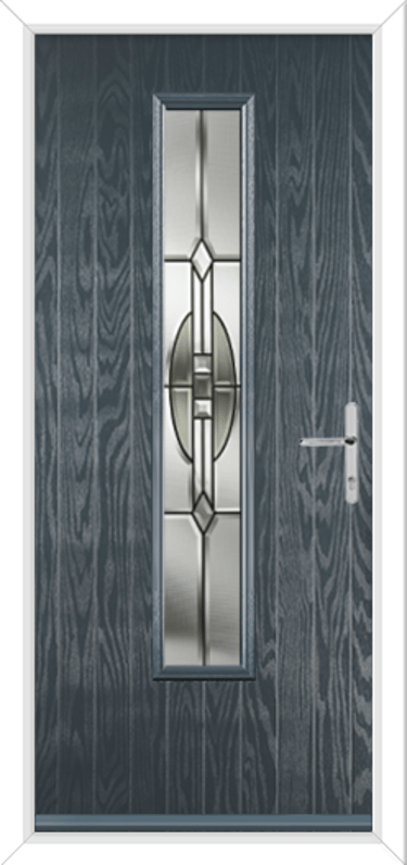 chartwell grey composite door with grey hardware and a long glazed panel with pattern glass