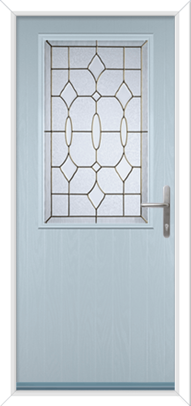 duck egg blue composite front door with brass glass art clarity panel and chrome handle