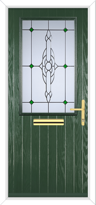 green composite front door with pattern glass and gold hardware
