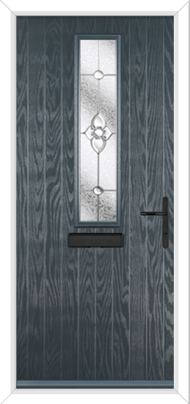anthracite grey RAL 7016 door with black hardware and pattern glass