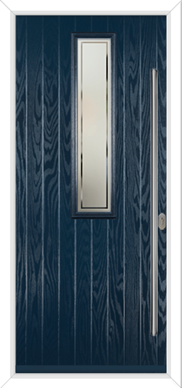 blue composite door with long bar handle and satin border glass