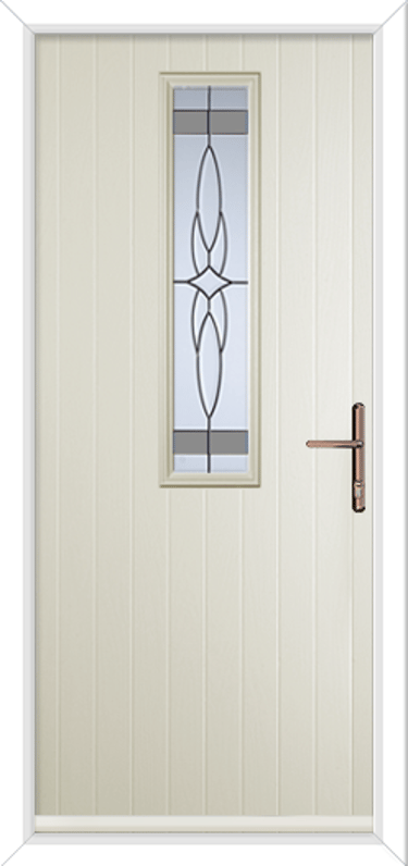 cream front door and rose gold handle with pattern glass