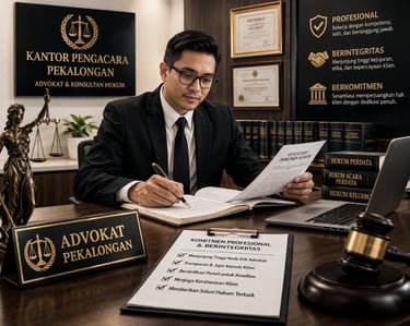 Professional lawyer in Pekalongan office reviewing legal documents with Lady Justice statue and gavel.