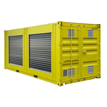 Yellow modified shipping container with double roller shutter doors for secure portable storage.
