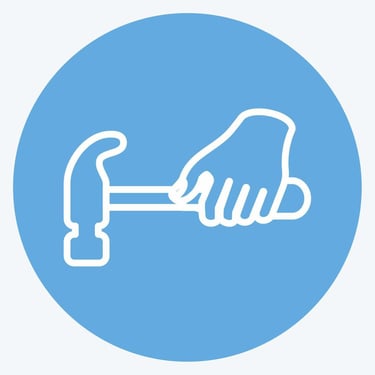 White outline icon of a hand holding a claw hammer on a blue circular background.