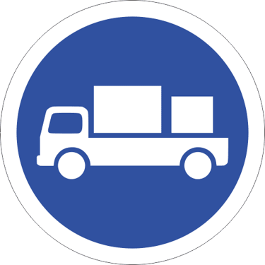 A circular blue road sign featuring a white delivery truck icon for goods vehicles only.