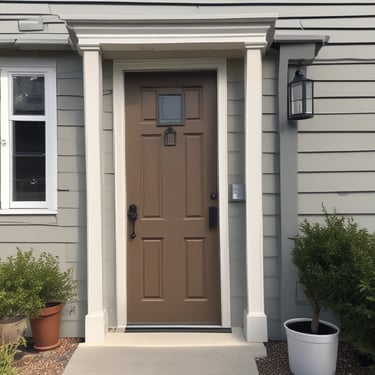 exterior brown door and white trim , with gray siding 