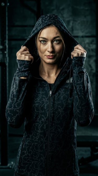 Close-up of a woman looking forward with her hood up in a dark fitness studio