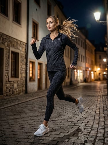 Woman running on a cobblestone street at night wearing a Fendlit high-visibility reflective set.