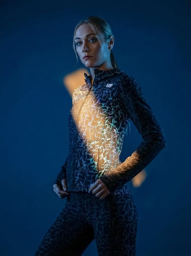 Studio shot of a woman in a Fendlit jacket reflecting a brilliant golden light pattern on her chest