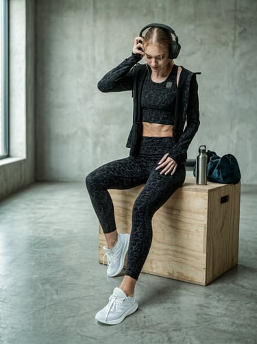 Woman sitting on a wooden box in a gym adjusting her headphones, wearing black Fendlit leggings, zip-up hoodie and sports bra