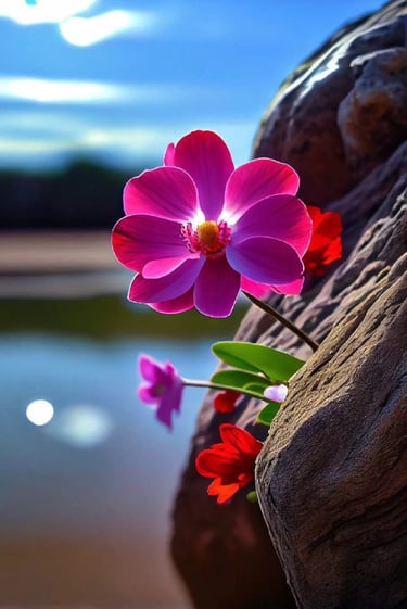 Single plant with three red flowers growing on rock – symbol of strength, life, and natural beauty