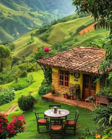 Wooden house nestled in nature with lush green plants and vibrant flowers – a peaceful home where hearts gather in harmony wi