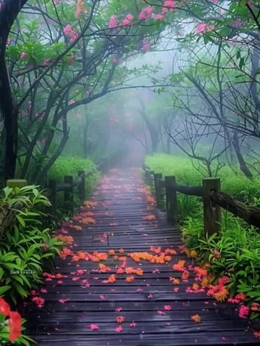 Wooden path bordered by sheds and green trees on a rainy day – a guided journey through nature’s silent wisdom