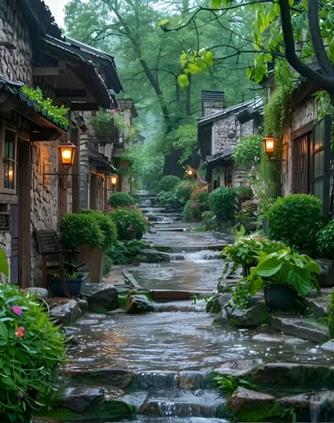 Wide path with rainwater, wooden homes on both sides, and green trees – a serene journey through nature’s peaceful embrace af