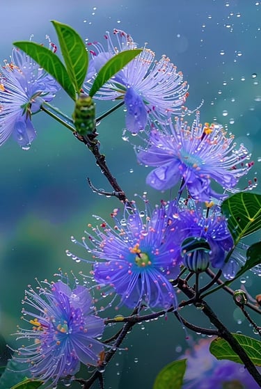 Stem with green leaves and thin blue flowers – a delicate representation of beauty and nature’s grace