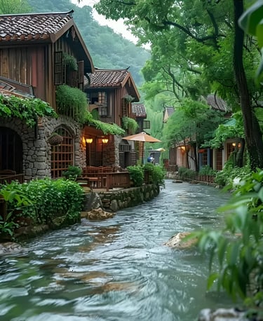 Wide path with rainwater, wooden homes on one side, and green trees on the other – a quiet journey guided by nature’s calm af