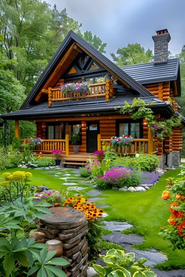 Charming wooden house amidst green plants and colorful flowers – a place where meals are shared and hearts unite