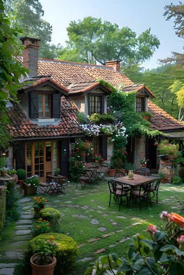 Serene wooden house surrounded by lush plants and blooming flowers – the heart of a home where love and warmth bloom