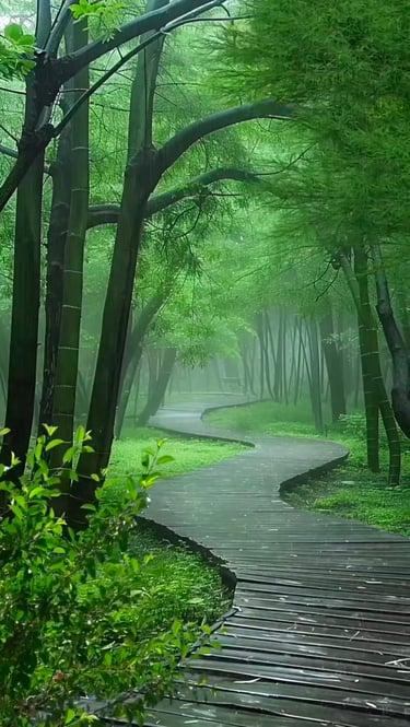 Wooden path surrounded by green trees on a cloudy day – a peaceful journey through nature’s quiet embrace
