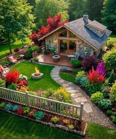 Cozy wooden house surrounded by a flourishing garden of greenery and flowers – where laughter echoes and hearts are at home