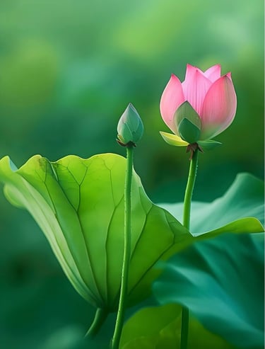 Plant with pink flower and unopened bud – a symbol of growth and beauty awaiting bloom