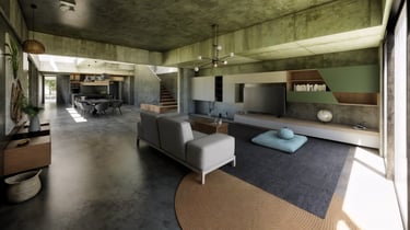 Un living-estar moderno integrado al comedor en tonos oscuros negro y hormigón. diseñado por arquitectura con sentido