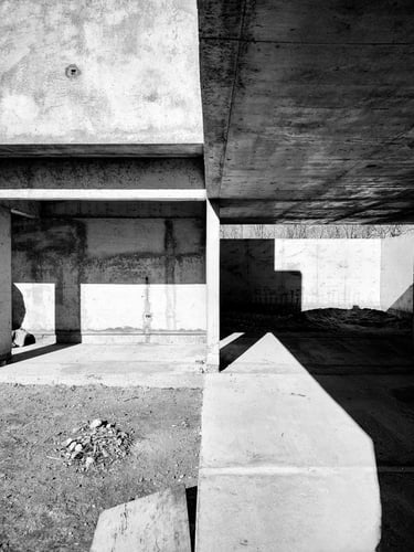 fotografía en blanco y negro. una casa minimalista de lineas precisas y contrastes entre interior y exterior. casa en cordoba