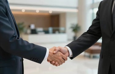 A professional handshake between two business executives in formal attire, set in a sleek North American lobby. Empowering and sophisticated mood.