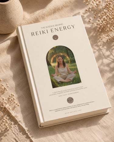 The Science Behind Reiki Energy book cover featuring a woman meditating in nature for holistic wellness.