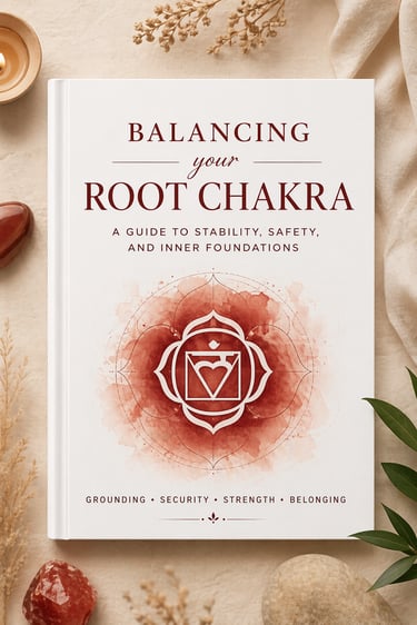 A book titled Balancing your Root Chakra with a red Muladhara symbol on the cover.