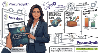 ProcureSynth infographic showing data on geopolitical resilience and AI supply chain trends.