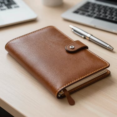 A close-up photograph of a neat leather planner and a luxury silver pen on a light beige wooden desk in a bright North American office.