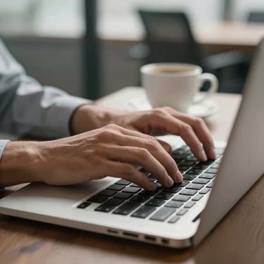 A close-up of professional hands typing on a laptop keyboard with a blurred coffee cup in the background, soft morning light in a US office.